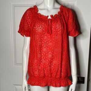 Ultra Pink Short Sleeve Floral Lace Tie Front Blouse